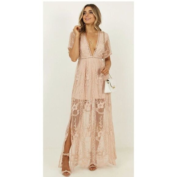Show Po Love Spell Maxi Dress Blush Lace Overlay Embroidered Short Sleeve Sz 4 - Picture 2 of 16